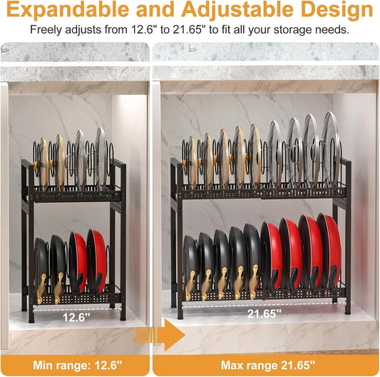 2 Tier Expandable Pot and Pan Lid Organizer Holder Rack | 12"-20" Expandable, Adjustable Dividers, 2 DIY Methods for Flexible Storage