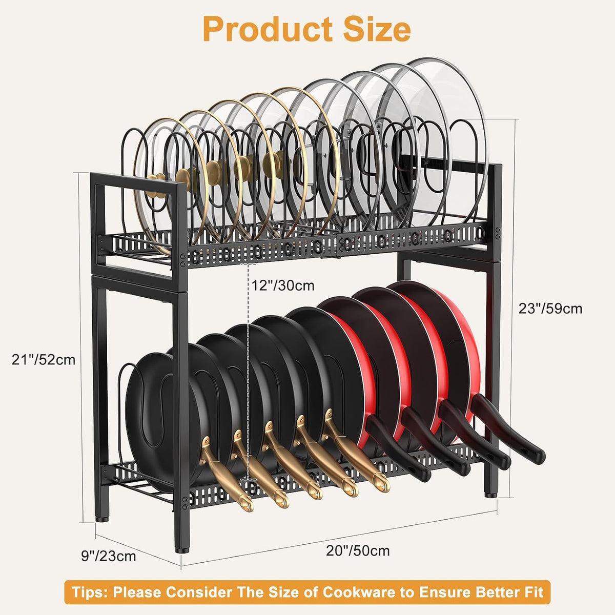 2 Tier Expandable Pot and Pan Lid Organizer Holder Rack | 12"-20" Expandable, Adjustable Dividers, 2 DIY Methods for Flexible Storage