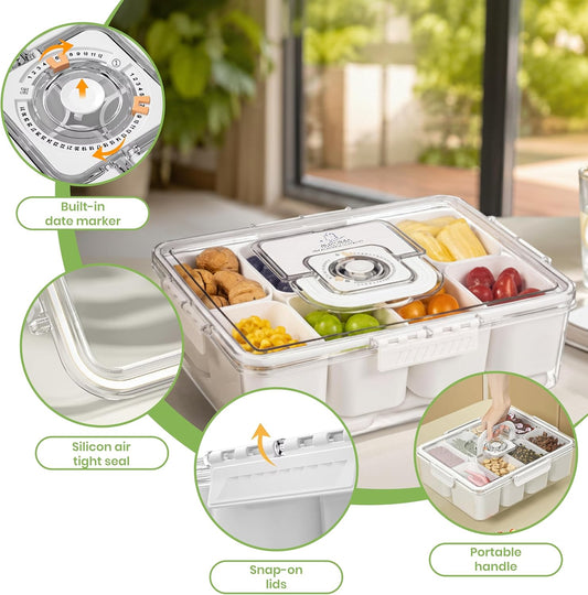 Chilled Snacklebox with Ice Pack, 8 Compartment Snack Box. | Snap On Lids, Air Tight Seal, Portable Handle, Smart Drain with Reusable Ice Pack Snack Serving Tray Container for Picnics