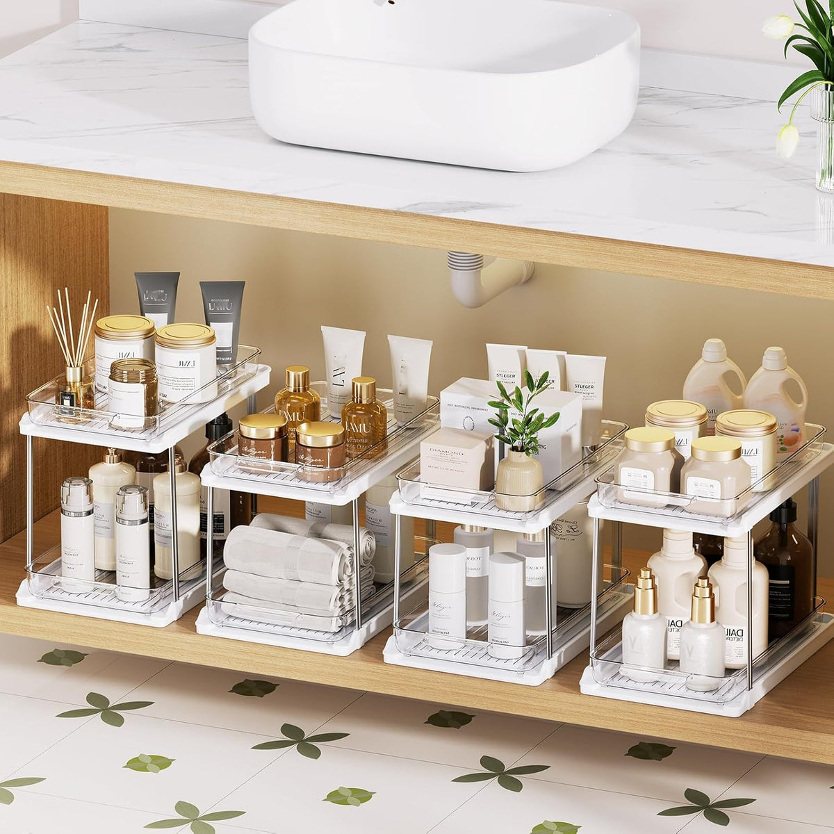 2-Tier Bathroom Under Sink Organizers and Storage, Pull Out Cabinet Drawers with Anti-Slip Design, Multi-Purpose Storage for Kitchen, Pantry, Bathroom & Home Organization, White, 4 Pack
