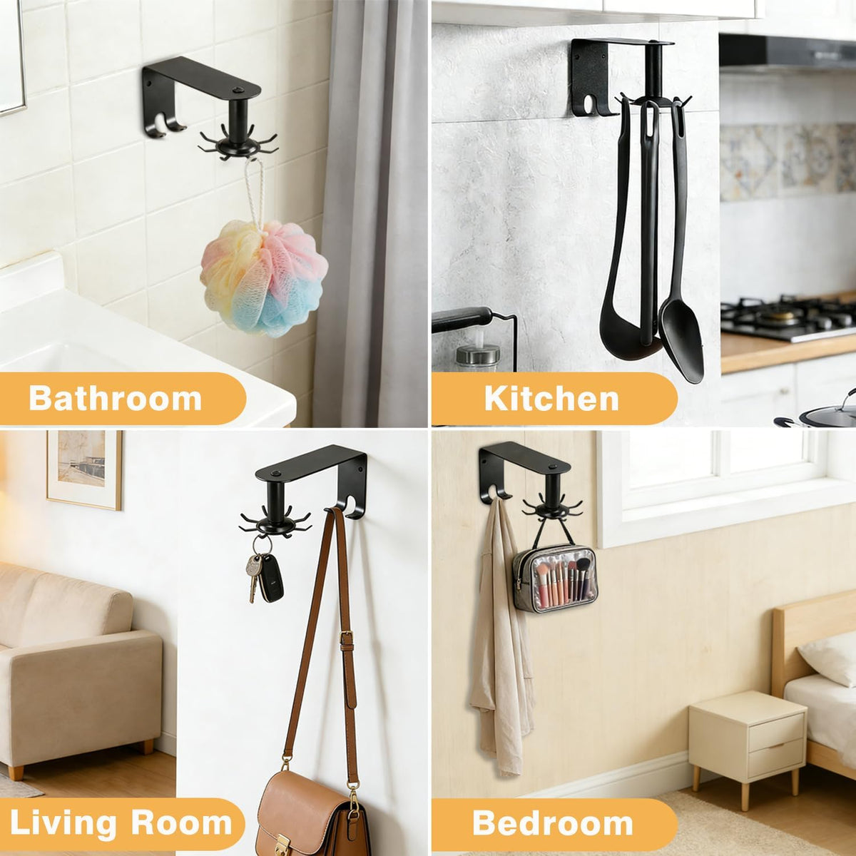 Utensil Hooks, 2 Pack Metal Steel Kitchen Utensil Hangers Rack 360° Rotating Under Cabinet Utensil Hooks Top Mounted with 6 Rotatable Claws for Cabinet Kitchen Bathroom
