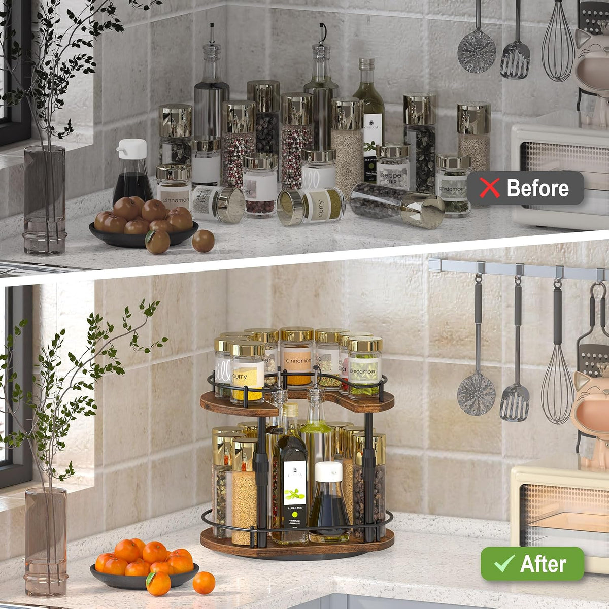 Across-Star Lazy-Susan-Organizer-Spice-Rack, Rotating Spice Organizer For Cabinet Pantry, Seasoning Holder Spice Shelf With Adjustable Height, Kitchen Counter Shelf Countertop Organizer