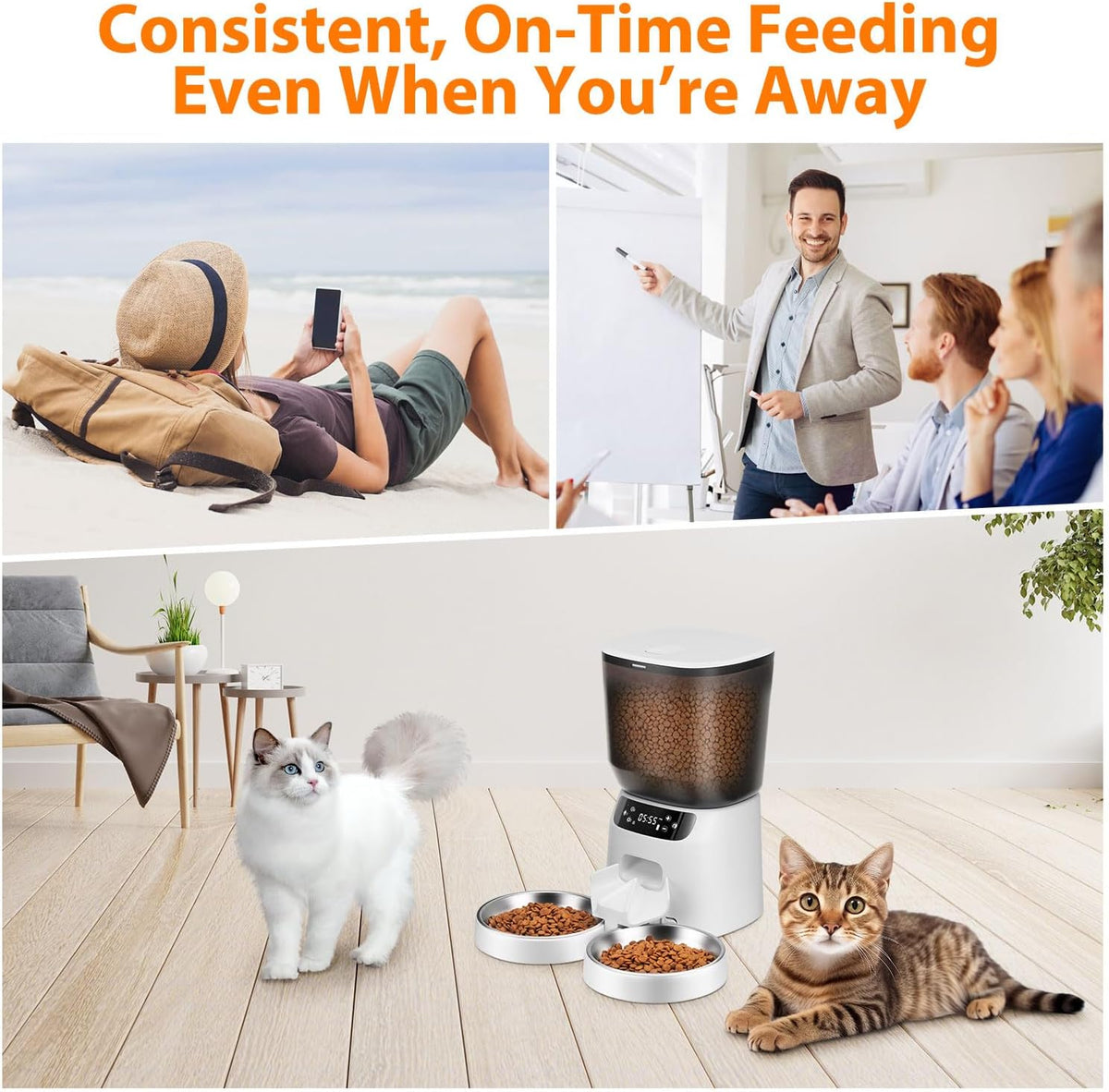 Automatic Cat Feeders for Two Cats, 5L/20 Cups Double Automatic Cat Food Dispenser with 2 Stainless Bowls, Timer Setting 20 Portions 6 Meals Per Day, 10s Meal Call (Black)