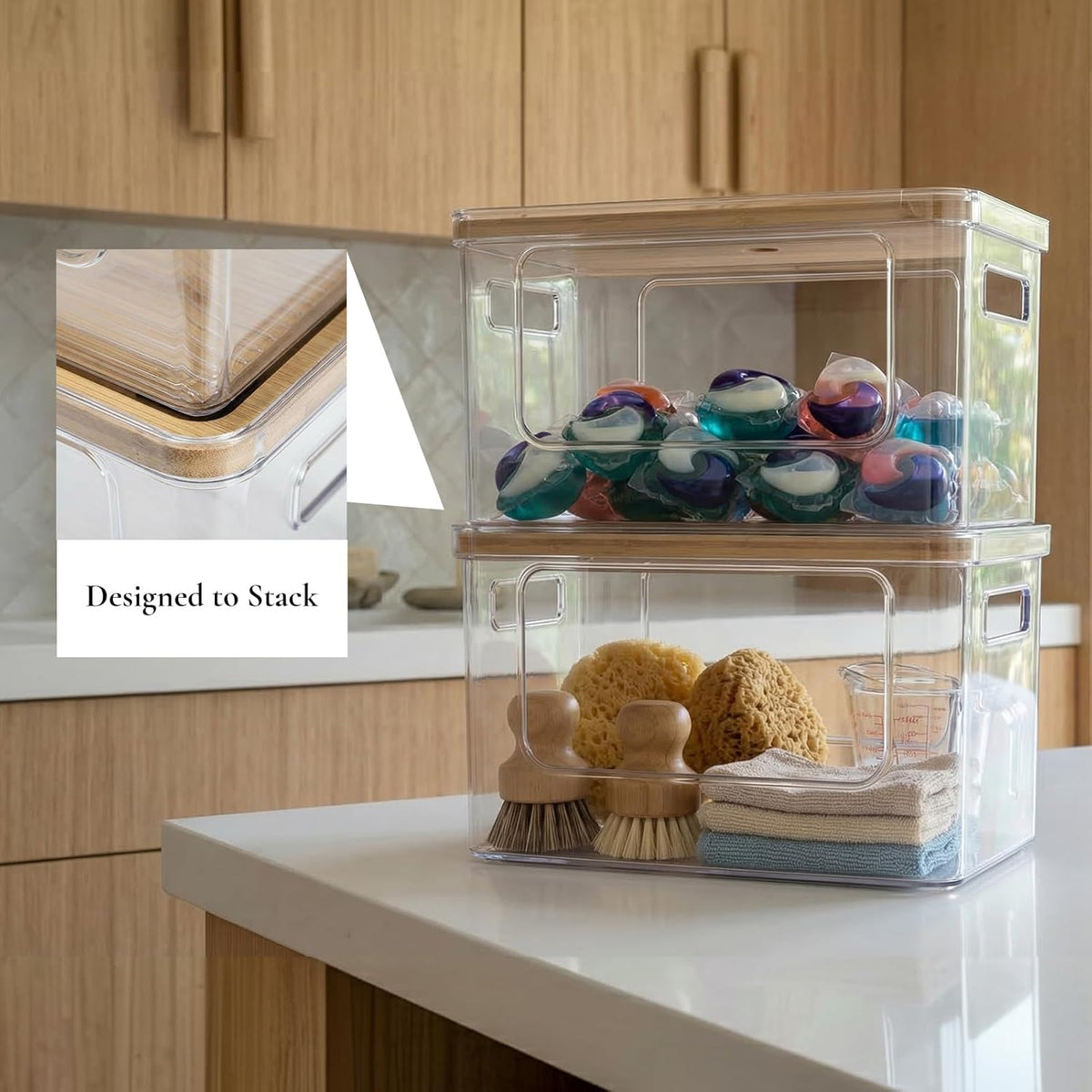 Stackable Storage with Bamboo Top for Laundry Room Organization, Extra Large Trash Bag/Garbage Bag Dispenser, Under Sink Organizer, Pantry Organizers