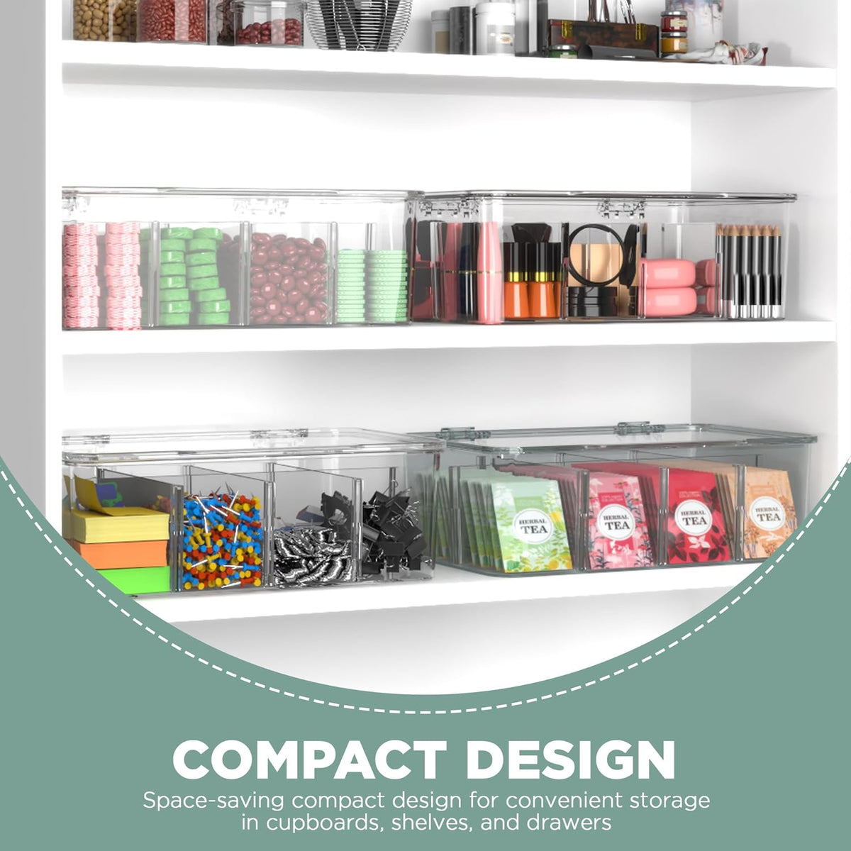 Tea Bag Organizer With Lids, Clear Pantry Storage Box - (3 Pack) Stackable Partition Organizers or Holder With Lids For Drawers, Countertops, Fridge, Kitchen, Snack & Spice Organization