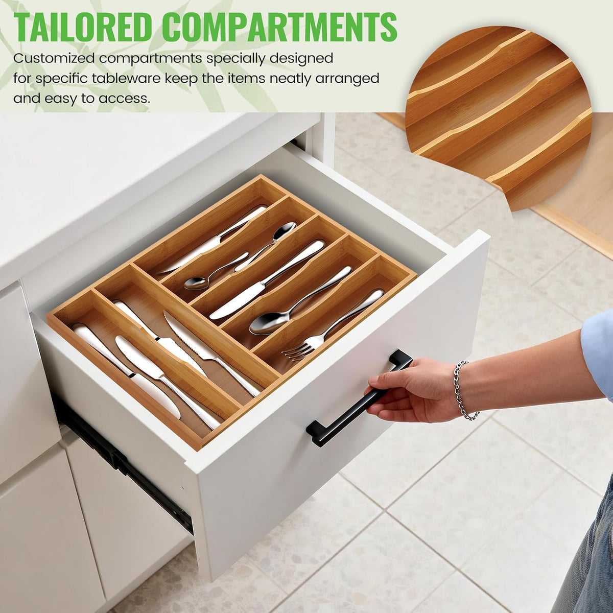 Small Silverware Organizer, Bamboo Kitchen Drawer Cutlery Organizer, Utensil Holder, Flatware Organizer Tray (6.7"x14.2"x1.6")