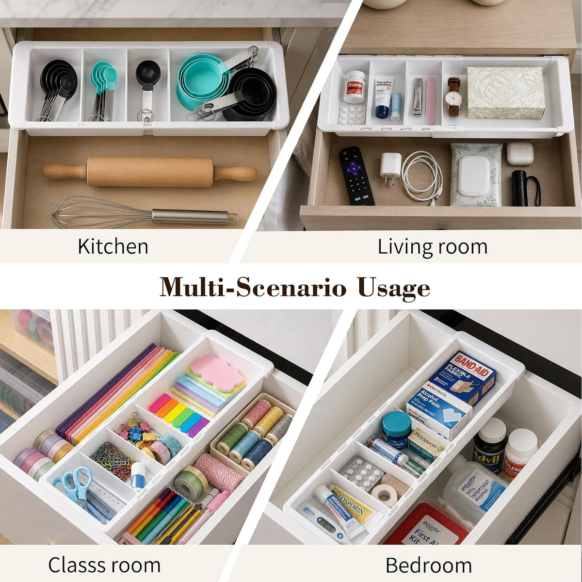 Expandable Measuring Cup Organizer & Measuring Spoon Organizer for Deep Drawers, 11.4''–18.1'' Adjustable Kitchen Drawer Organizer with 3 Dividers, Space-Saving Flatware Bin for Home & Kitchen