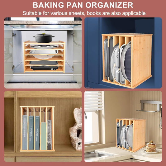 Cookie Sheet Organizer for Cabinet, 6 Tier Sheet Pan Organizer, Baking Sheet Organizers Inside Cabinet, Bamboo Kitchen Organizer for Bakeware and Cutting Board