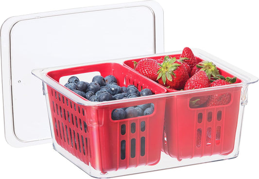Berry Container for Fridge - Double Colander Basket - Ideal Berry Containers for Fridge, Includes Berry Colander Insert (8.75" x 6.75" x 3.75"), Red