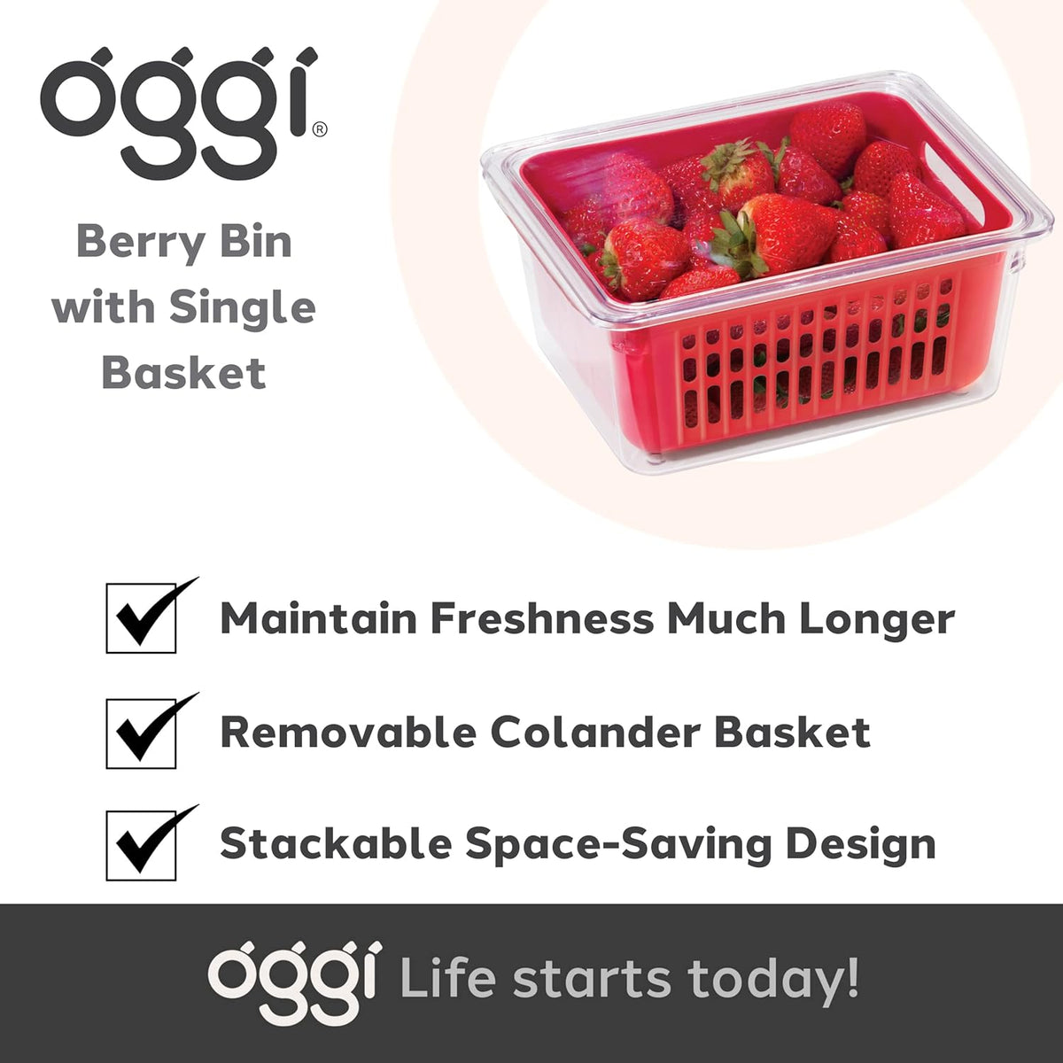 Berry Container for Fridge - Double Colander Basket - Ideal Berry Containers for Fridge, Includes Berry Colander Insert (8.75" x 6.75" x 3.75"), Red