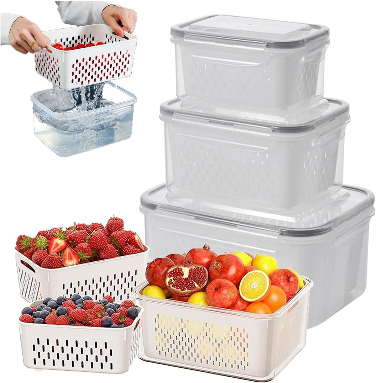 4 in 1 Food Storage Container, Fruit Storage Containers for Fridge, Produce Containers with Lid and Strainer, Including Drain Basket, Multipurpose Large Fruit Container for Fridge(Blue)