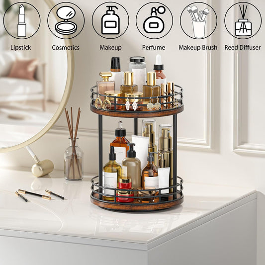 2-Tier Rotating Bathroom Countertop Organizer, Wooden Makeup Vanity Storage, Multifunctional Lazy Susan Turntable for Skincare, Perfume and Cosmetics (Brown)