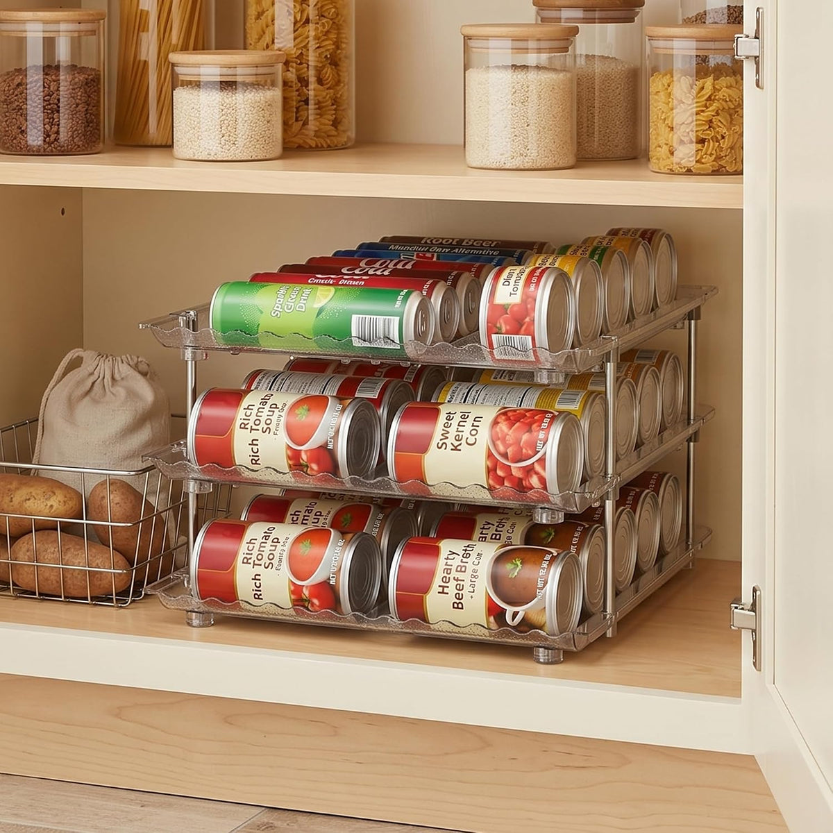 Can Organizer for Pantry, 3 Tier Stackable Soda Dispenser 1 Pack | Sodas Cans Drinks Organizer Stable, Stackable, Auto Rolling, 3 Tier, Space-saving for Kitchen, Fridge, Pantry Use