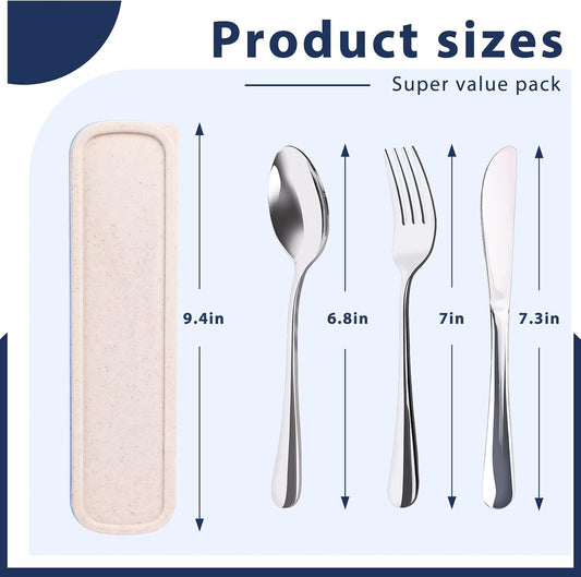 Travel Utensils with Case, 4PCS Stainless Steel Portable Cutlery Set, Built-in Card Slot Design for Fixing Tableware, Easy-Open Lid, Lunch Box for Camping Work School, Dishwasher Safe, Beige
