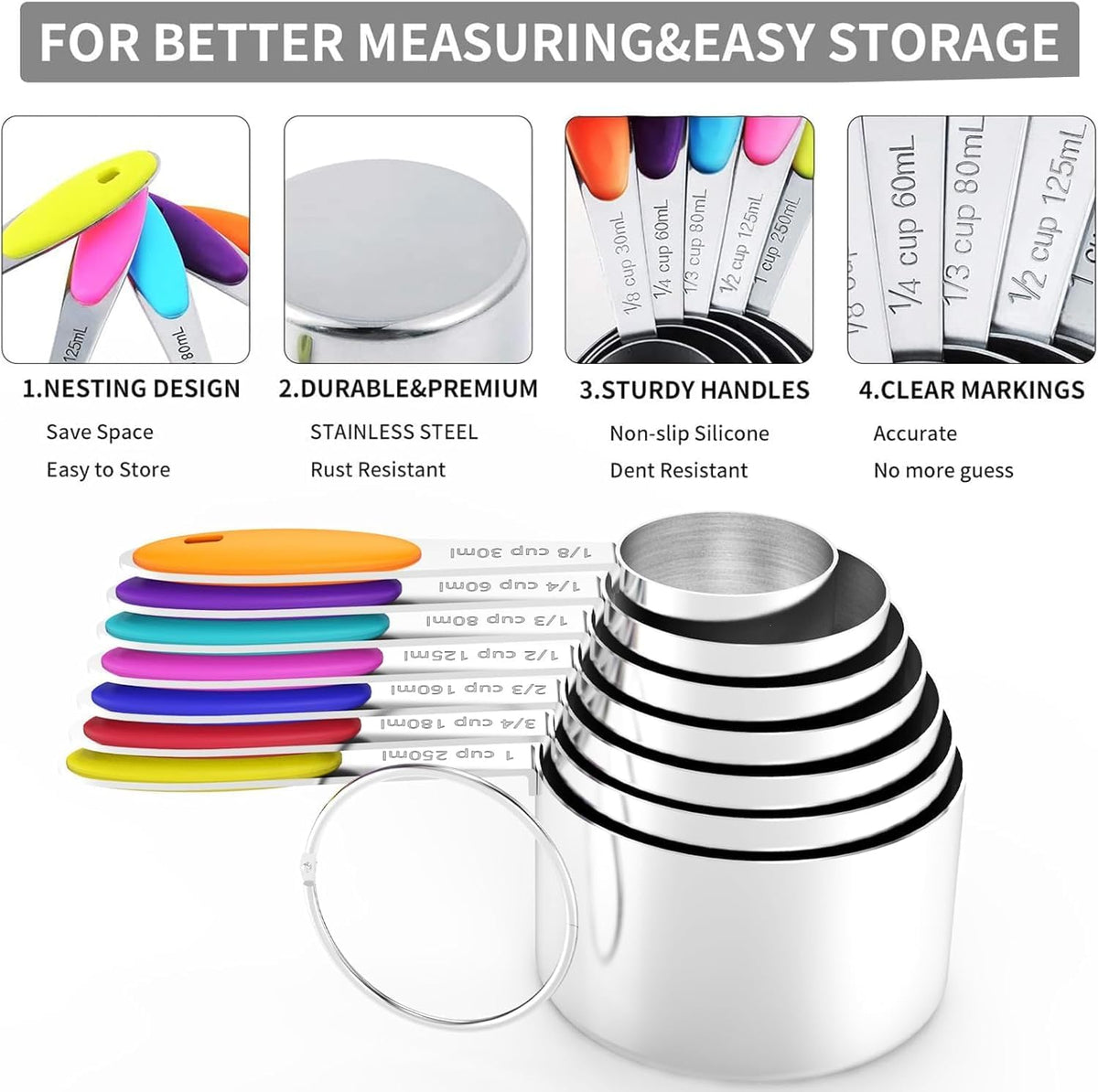 TILUCK measuring cups and magnetic measuring spoons set, stainless steel measuring cups, 6 double-sided stainless steel measuring spoons & 1 leveler (12)