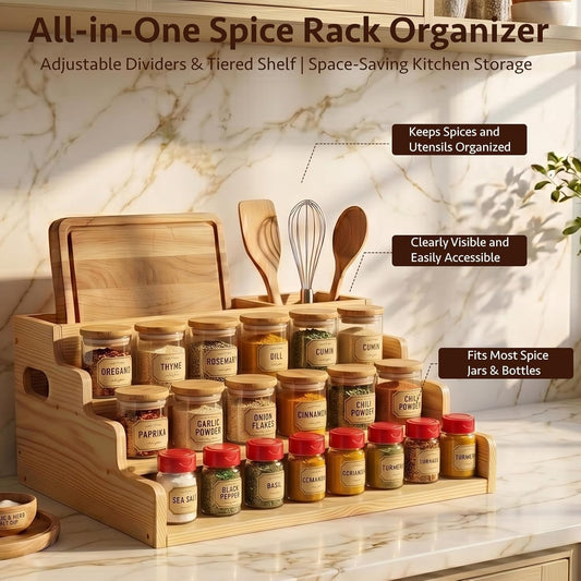3 Tiered Wooden Spice Rack with Extra Utensil Holder and Adjustable Dividers, Spice Shelf for Spice Jars, Seasonings and Cooking Tools, Farmhouse Countertop Spice Organizer for Kitchen