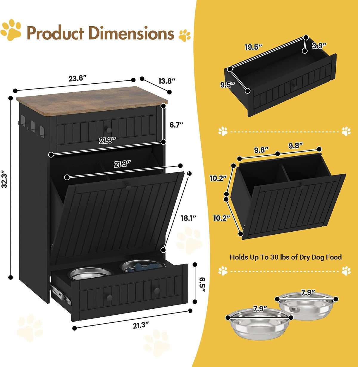 Dog Feeding Station Cabinet Elevated Bowls (Black, Classic Panel)