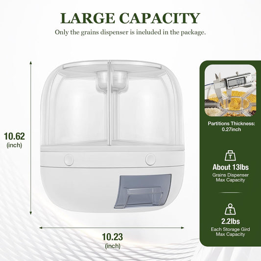 Rice Dispenser, 6 Compartments Rotating Grain Dispenser Kitchen Grain Storage Container Home Airtight Food Storage Organization for Grains, Barley, Legumes Holds Up to 13 lbs (10 x10 inch)
