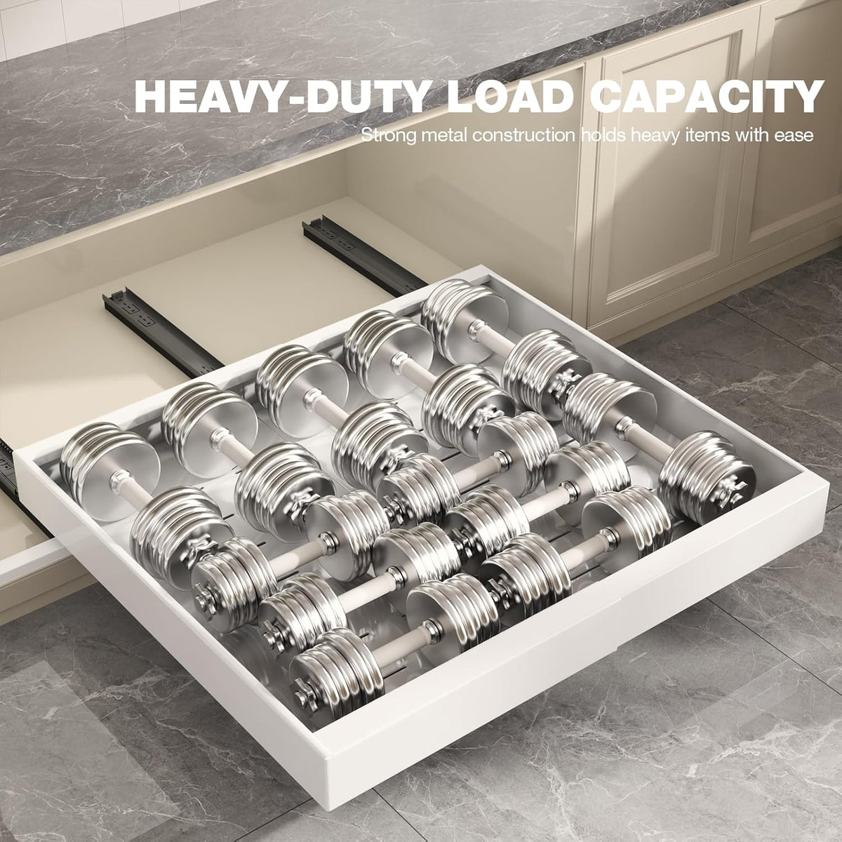 Pull Out Cabinet Organizer 22" Deep,Full Extension 3 Slide Rails Slide Out Drawers With Raising Pad for Framed Cabinets,Expandable Width (12.3"-20.5"),No Drill Roll Out shelf,White