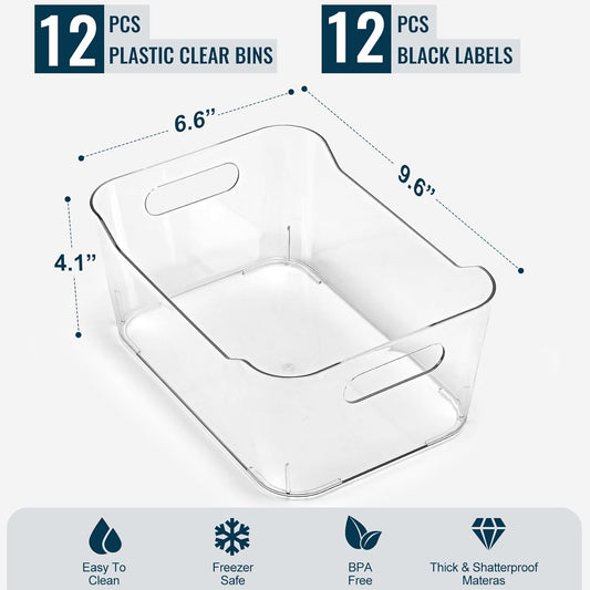 12 PACK Multiuse Clear Plastic Storage Bins for Organizing w/ Labels - Home, Kitchen, Bathroom, Office, Pantry Cabinet Shelf Organizer Bins - SOHO Collection, RV, Fridge Organization Containers