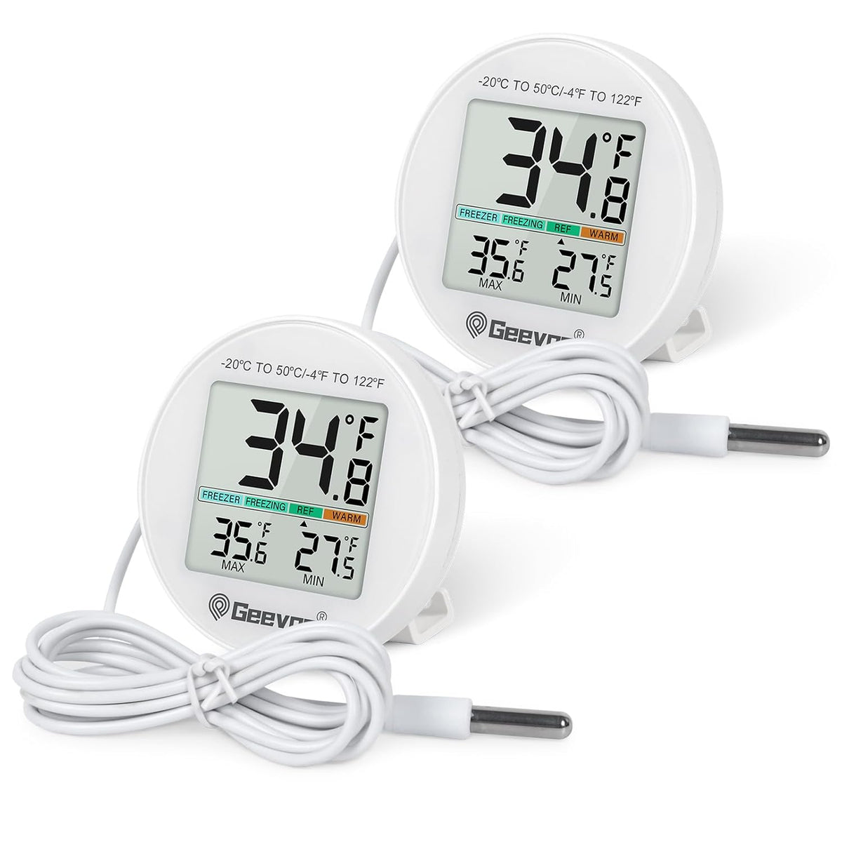 Small Digital Refrigerator Thermometer 2 Pack, IP65 Waterproof Commercial and Home Use, Max/Min Record Function with LCD Screen, Stand and Magnetic Back, for Fridge, Freezer Scenarios
