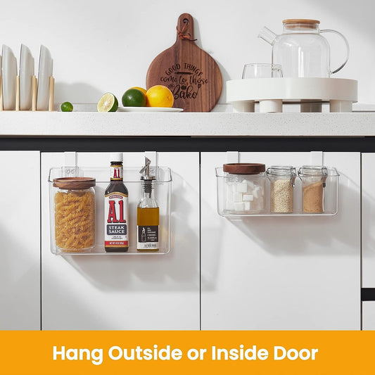2 Pack Plastic Over Cabinet Door Organizer with Removable Hooks, Clear Hanging Baskets for Organizing Over the Cabinet Organizer Holder for Kitchen, Bathroom-Hang Outside or Inside Door-M