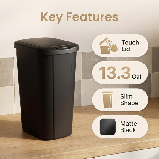 13.3 Gallon Kitchen Trash Can with Touch Top Lid Slim Black Garbage Bin