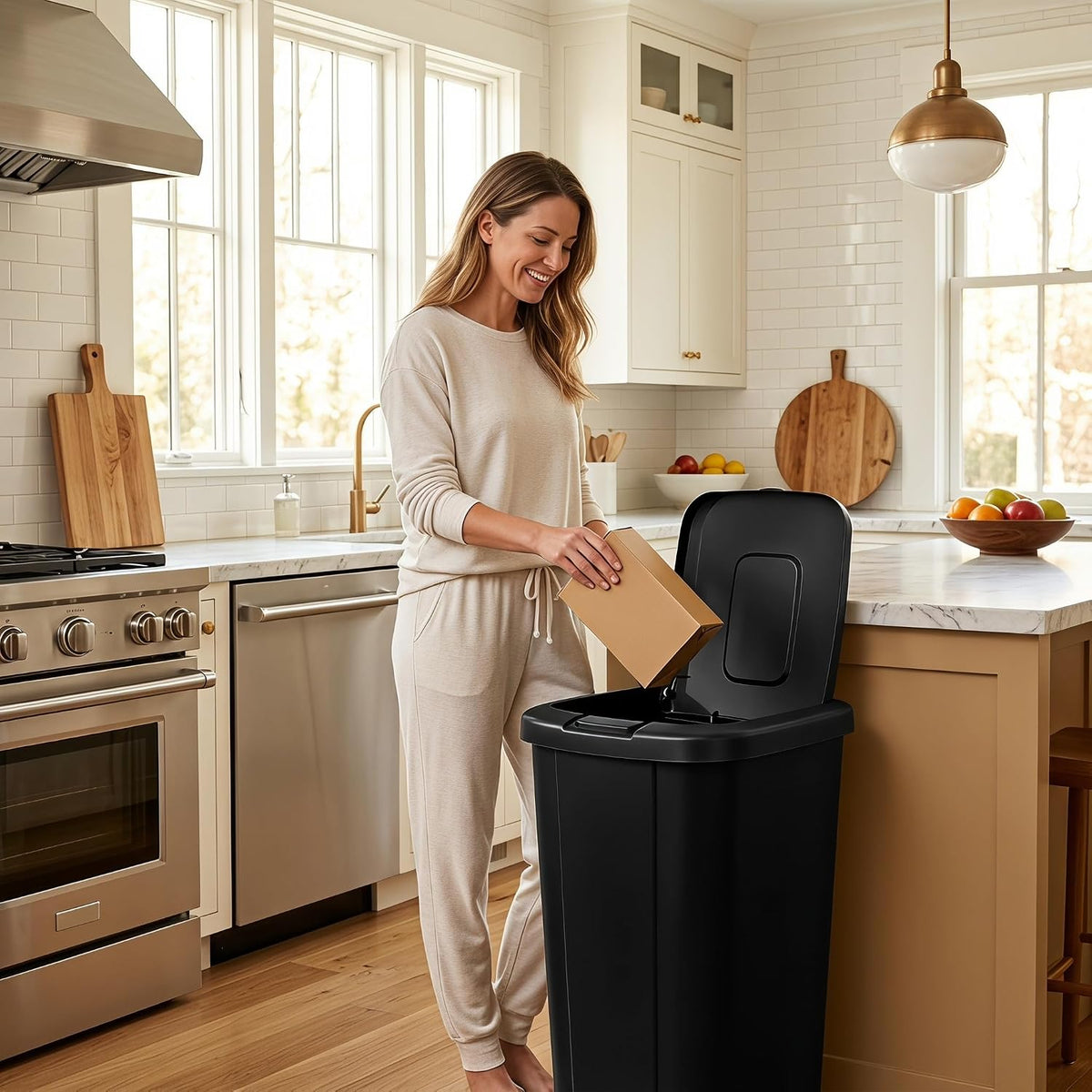 13.3 Gallon Kitchen Trash Can with Touch Top Lid Slim Black Garbage Bin