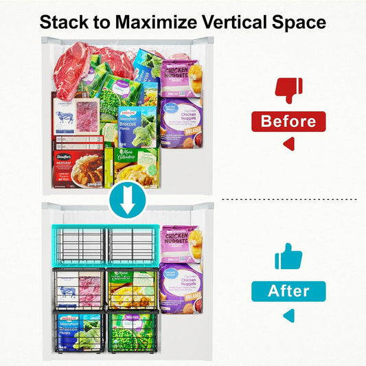 Deep Freezer Organizer Bins - Large Baskets for 5-7 Cu.Ft, 3 Pack | Easy Access Handles, Stackable Wire Baskets, Vertical Storage for Frozen Food, Sorts Meat, Vegetables and Bagged Items, Home