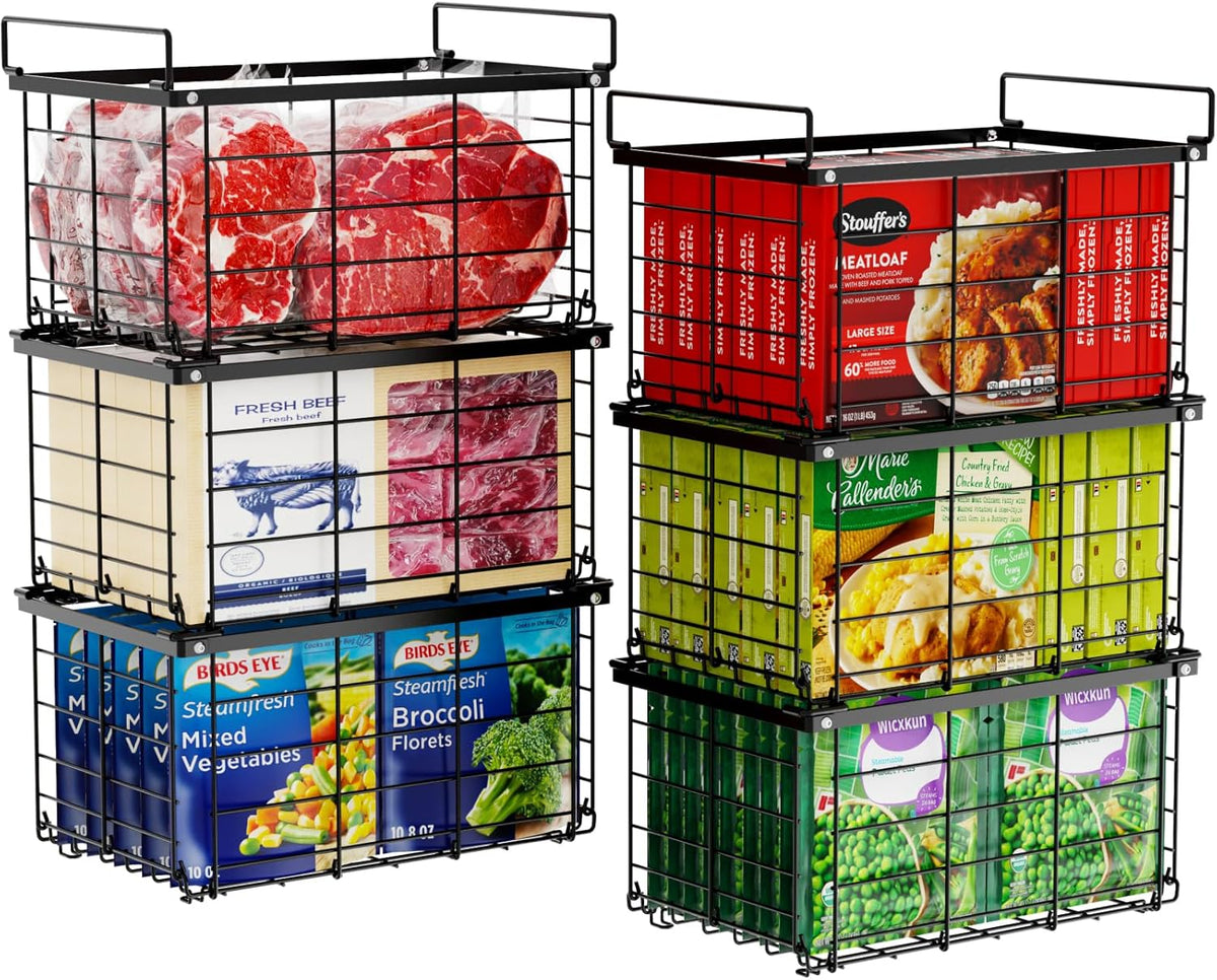 Deep Freezer Organizer Bins - Large Baskets for 5-7 Cu.Ft, 3 Pack | Easy Access Handles, Stackable Wire Baskets, Vertical Storage for Frozen Food, Sorts Meat, Vegetables and Bagged Items, Home