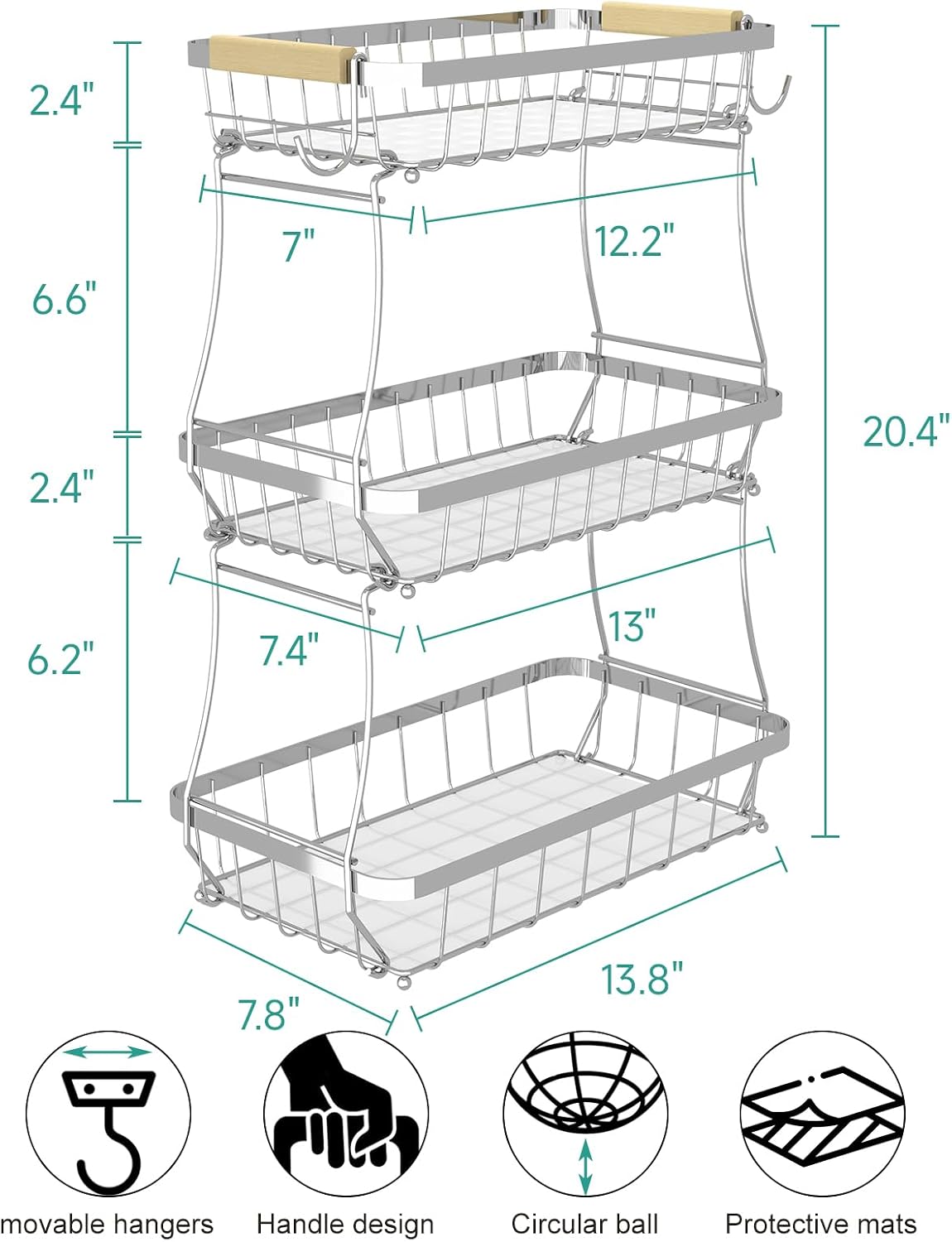 2-Tier Fruit Basket with Banana Hangers, Detachable Metal Bowl | Wooden handle, protective mats included. Versatile holder for bread, snacks, and veggies. Large 2 tier metal design.