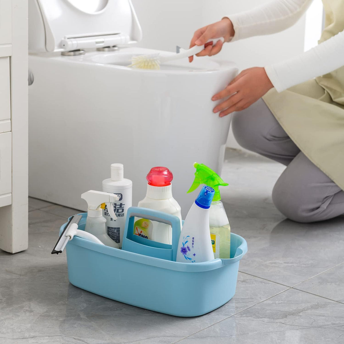 Large Cleaning Caddy with Handle, Cleaning Tool Storage Basket Organizer, Sturdy Pail Bucket Organizer, Household Bucket for Cleaning Supplies - Clear Grey