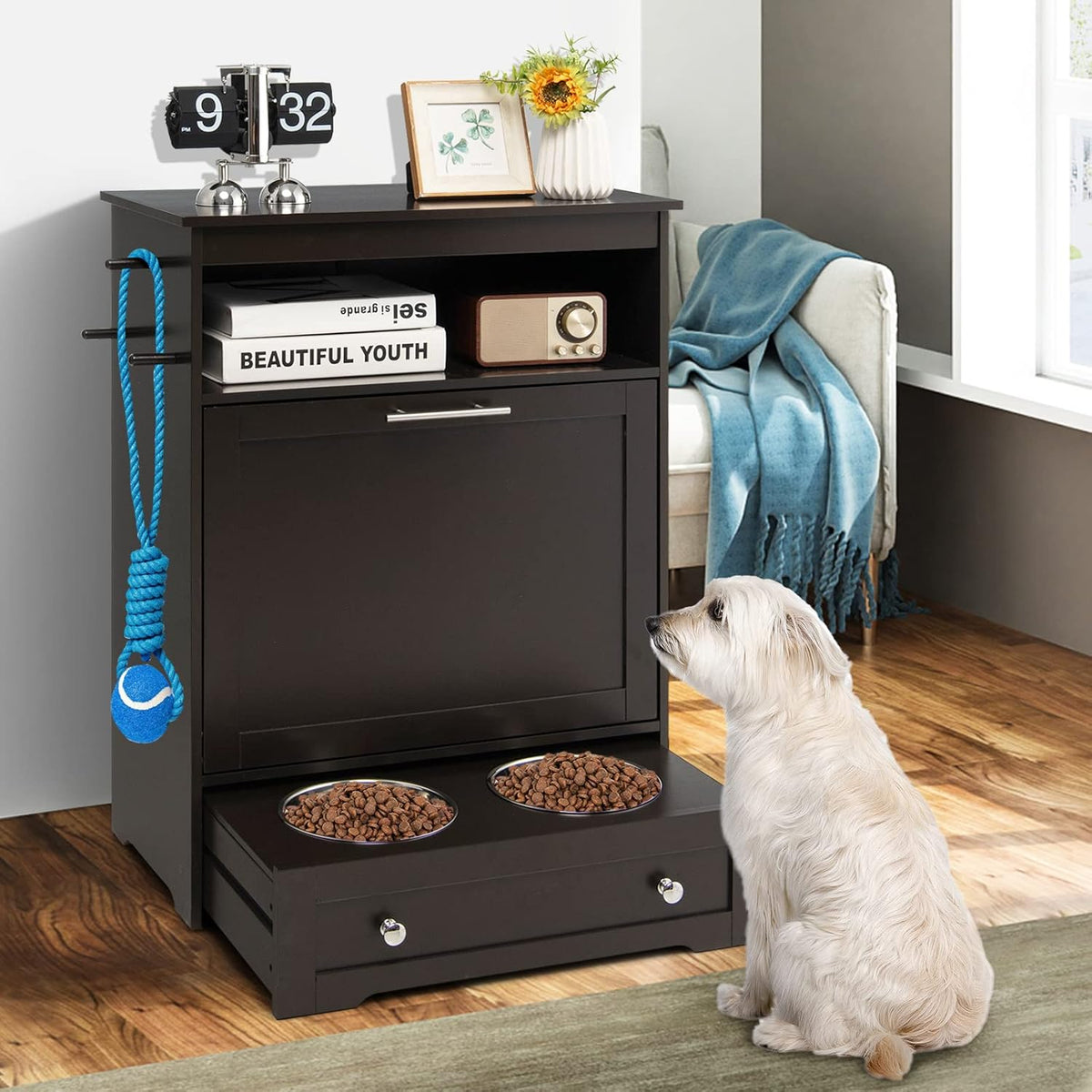 Pet Feeder Station, Dog Food Storage Container with Double Pull Out Dog Bowls, Pet Food Toy Organizer Cabinet, Pet Feeding Station Furniture for Dogs Cats Feeding & Watering Supplies (White)