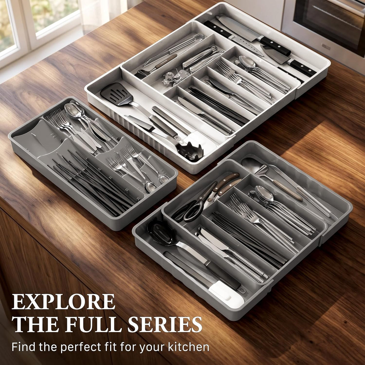 Expandable Kitchen Drawer Flatware Organizer, Gray