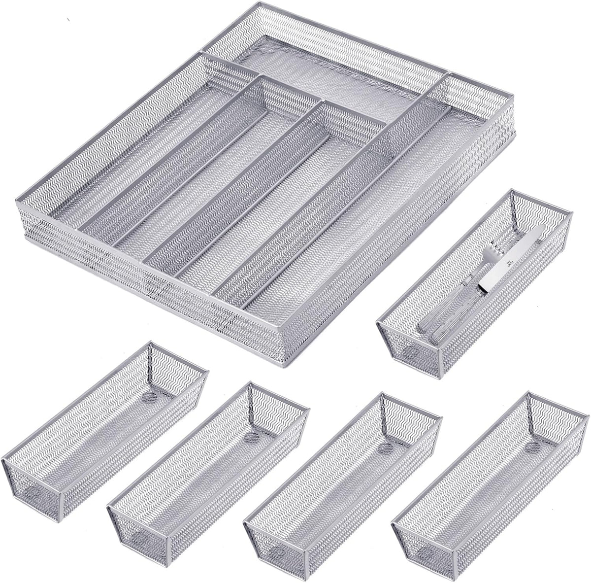 Silverware Drawer Organizer, Silver, 5 Compartment