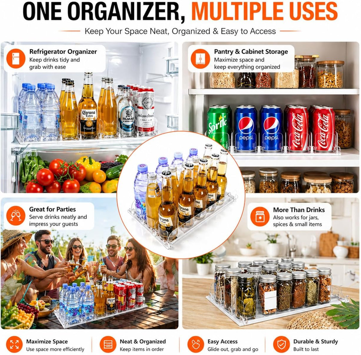 Stackable Soda Can Organizer for Refrigerator, Automatic Drink Dispenser with Pusher, Holds 25–30 Cans, 4 Row Fridge Organizer, Adjustable Beverage Rack, Easy Access Storage