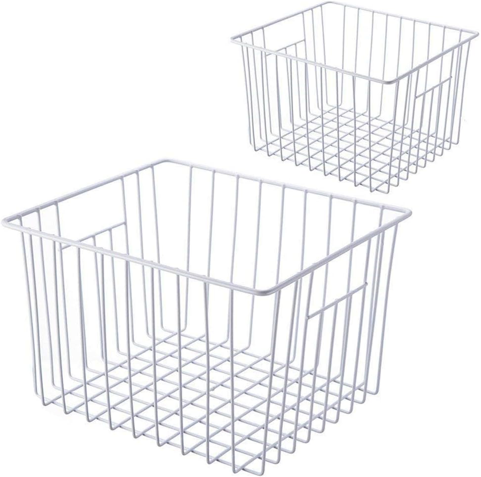 Deep Refrigerator Freezer Baskets, Large Household Wire Storage Basket Bins Organizer with Handles for Kitchen, Pantry, Freezer, Cabinet, Closets, Pearl White, Set of 2