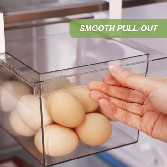 2 Pack Fridge Drawer Organizer - Egg Holder For Refrigerator Pull Out | Transparent Deli Drawer Organization Bin - Meat, Cheese - Sliding Storage Containers for Fridge Shelf Under 1.1"