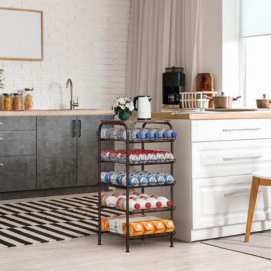 Water Bottle Organizer 5 Tier Free Standing Water Bottle Holder Rack Large Capacity Bottled Water Storage Rack Metal Soda Can Beverage Drink Stand Shelf for Kitchen Pantry Office, Brown