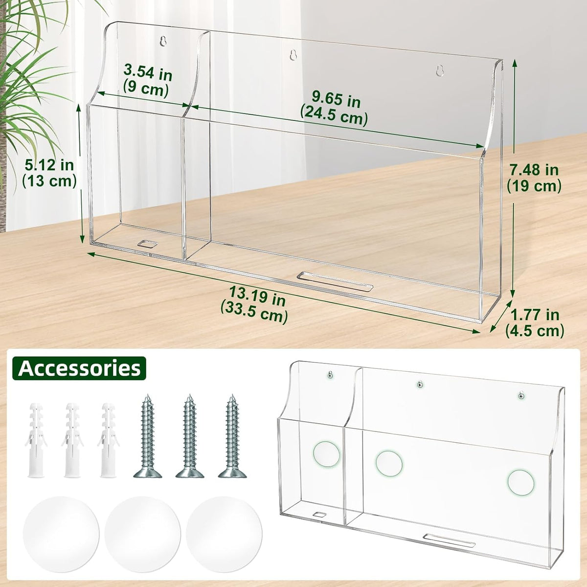 Clear Wall Mounted Phone Holder Acrylic Remote Control Holder Media Organizer Caddy with Holes for Charging Phone Tablet Holder (Two Compartments)