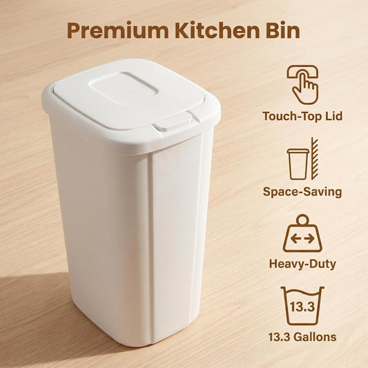 13.3 Gallon Slim Trash Can with Push Lid, White Plastic Garbage Bin