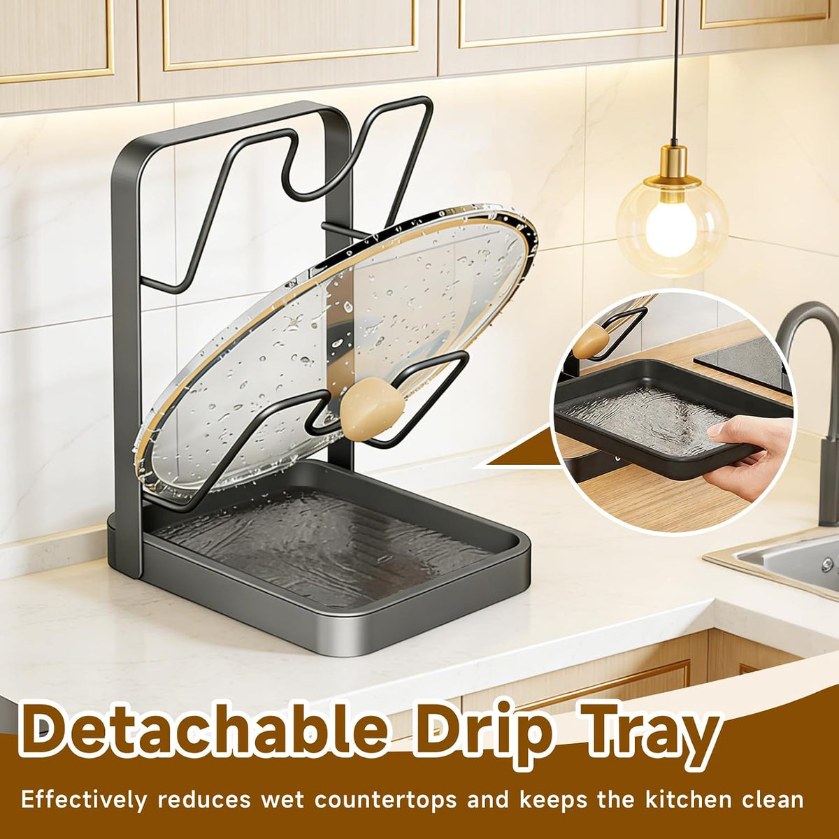 2-Tier Pot Lid Holder with Detachable Drip Tray, Kitchen Organizer