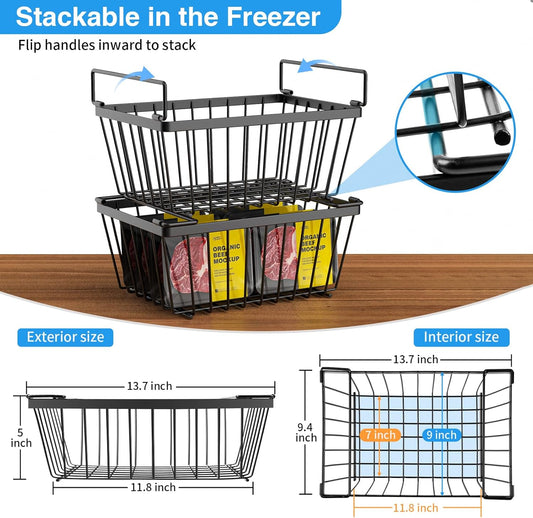 Freezer Organizers Bins with Folding Handles,4 Pack Stackable Upright Freezer Organizers Baskets for 5-7 Cu.Ft Deep Freezer Storage, Increased Space for Food Storage, Easy to Access,Black