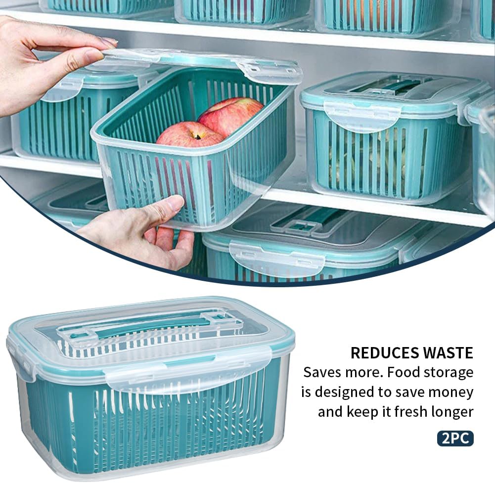 2 Pack Fruit Storage Containers for Fridge,44oz+23oz,Stackable Fresh Food Produce Saver Containers with Removable Colander, Vegetable Lettuce Keeper Bowl(Blue)
