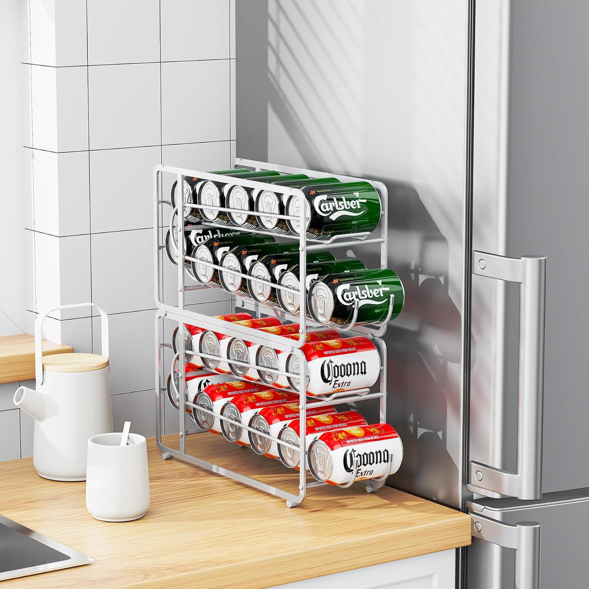Soda Can Organizer Storage Rack, 2 Pack Stackable Beverage Soda Can Dispenser Organizer Holder for Refrigerator, Cabinet, Pantry (Black)