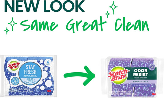 Odor Resist Non-Scratch Scrub Sponge, Dishwasher-Safe Kitchen Sponges that Resist Bacterial Odors, Multipurpose Dish Sponge for Gentle Cleaning, 6 Dish Sponges