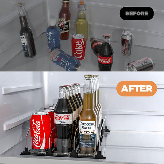 3 Rows Drink Organizer for Fridge, 15'' Soda Can Dispenser for Refrigerator with Pusher Glide, Width Adjustable Fridge Can Organization Hold Up to 25 Cans (Black)
