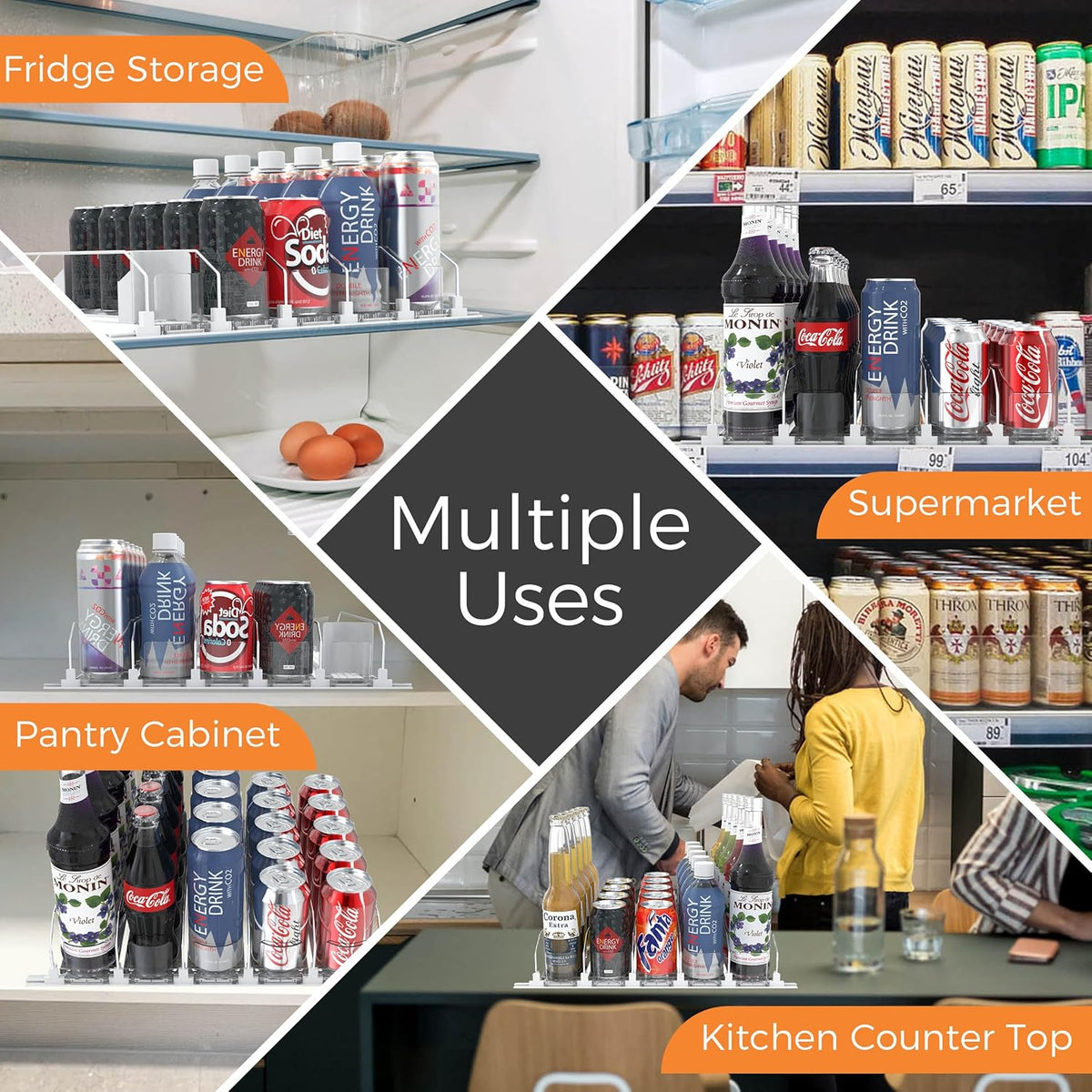 3 Rows Drink Organizer for Fridge, 15'' Soda Can Dispenser for Refrigerator with Pusher Glide, Width Adjustable Fridge Can Organization Hold Up to 25 Cans (Black)