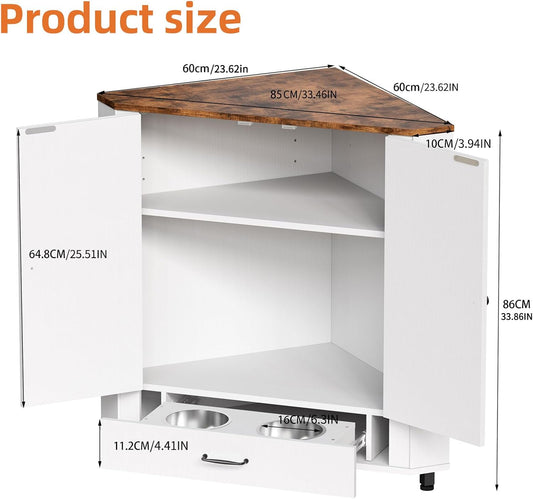 Corner Dog Food Storage Cabinet, Dog Feeding Station with 2 Hidden Bowls, Adjustable Panel, 4 Hooks, Pet Feeding Station Corner Cabinet for Medium
