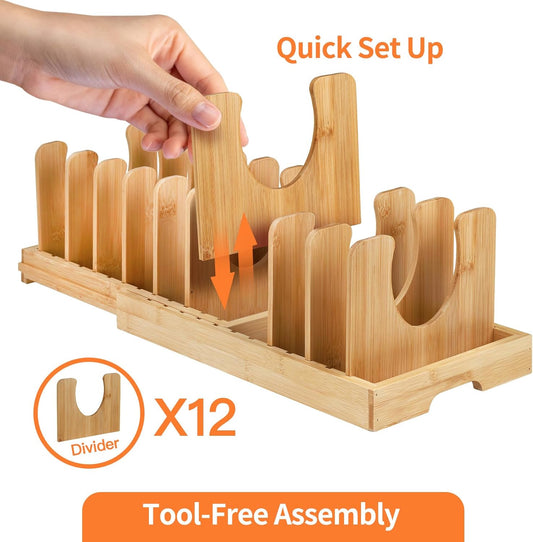 Bamboo Pots and Pans Organizer under Cabinet | Expandable Pot lid Holder Rack and cutting board organizer | Adjustable Bakeware Cookie Sheet Tray for Kitchen Storage